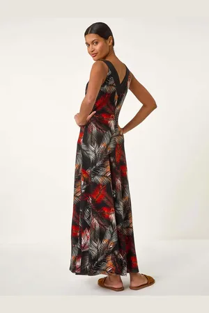 Roman Palm Print Contrast Band Maxi Dress48