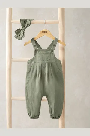 Mamas & Papas Green Dungaree and Bow 100% Cotton Headband Set6874cm