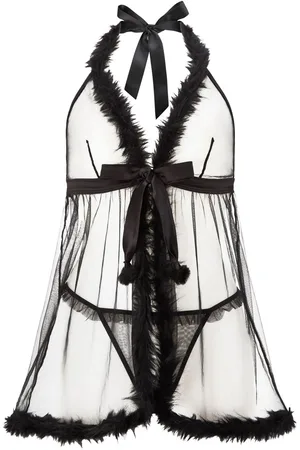 Ann Summers Desires At Dusk Faux Fur Trim Sheer Crotchless Babydoll SetM