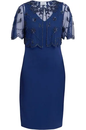 Gina Bacconi Theresa Beaded Bolero Jacekt Med Kammusling Kant Og Crepe Shift Kjole40