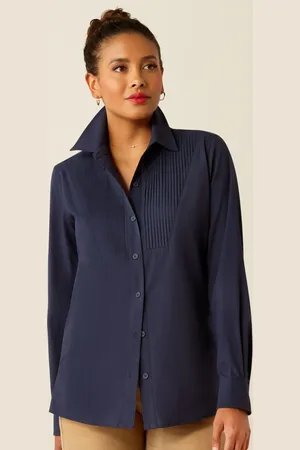 Ariat Blue Oban Pleated Bib Front Tencel Linen Blend Shirtsmall