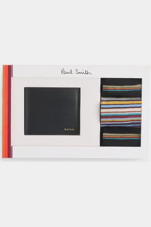 Paul Smith Multi Signature Stripe Socks and Leather Stripe Card Holder Gift SetEn