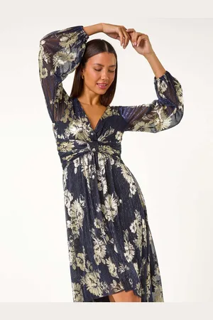 Roman Foil Print Twist Front V-Neck Plisse Dress44