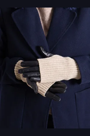 Totes Ladies Isotoner Leather Gloves with Overlay Knit TrimM