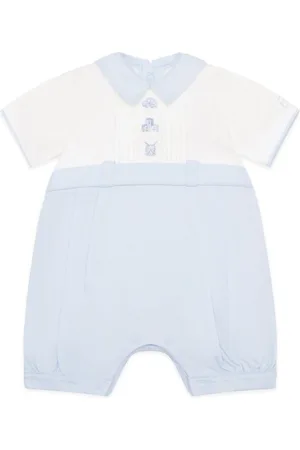 Emile et Rose Blue 100% Cotton Romper With Inset Emb Panel & Piping Detail6874cm