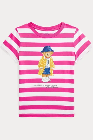 Ralph Lauren Girls Striped Polo Bear 100% Cotton Pink/White Jersey T-Shirt3 år (98cm)