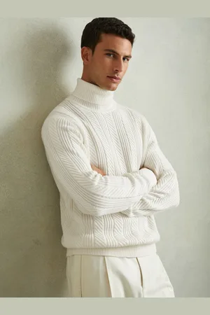 Reiss Flick Cabled Roll Neck Jumper with Cotton and WoolM