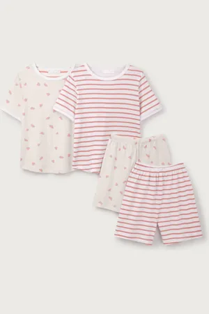 The White Company Slim Fit 100% Cotton Watermelon and Stripe White Short Pyjamas Set122128cm