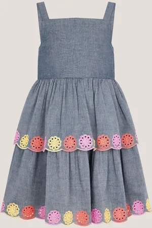 Monsoon Chambray Broderie Tiered 100% Cotton Dress146152cm
