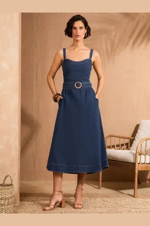 Love & Roses Strappy Fit og Flared Denim Med bælte Midi Kjole