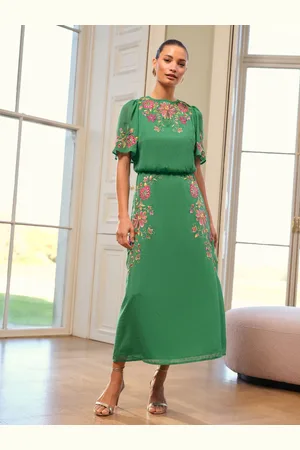 Love & Roses Broderet Rund hals Angel Sleeve Midi Kjole38