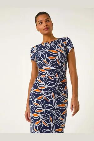 Roman Leaf Print Puff Stretch Midi Dress44