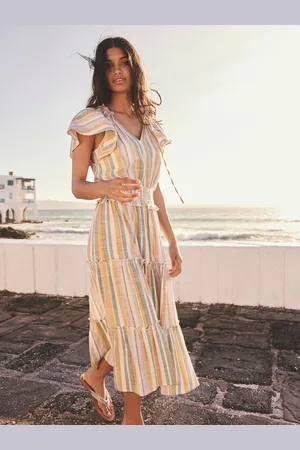 Next Flutter Sleeve Tie Neck Elasticated Waist Tiered Midi Dress46høj