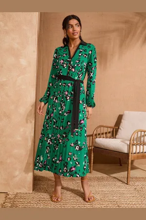 Love & Roses Printed Jersey Collar Pleated Long Sleeve Midi Dress38
