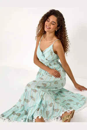 Roman Metallic Leaf Print Shirred Maxi Dress48