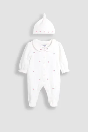 JoJo Maman Bébé Cotton Collared 2-Piece Embroidered Sleepsuit and Hat Set8086cm