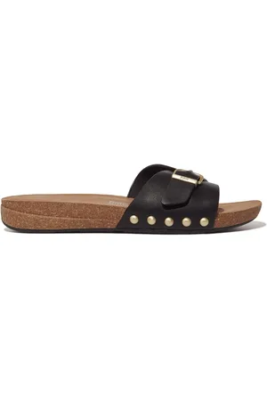 FitFlop IQushion Adjustable Buckle Leather White Slides