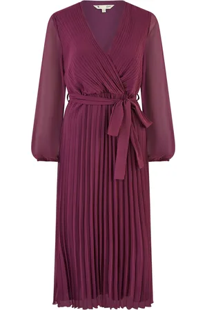 Yumi Pleated Wrap Midi Dress With Sheer Long Sleeves38