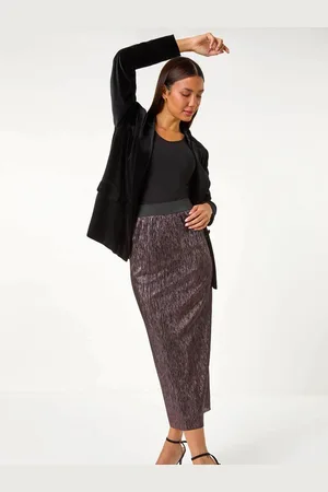 Roman Foil Plisse Pleated Pencil Skirt48