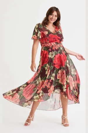 Scarlett & Jo Tilly Wine Rose Print Angel Sleeve Sweetheart Dress52