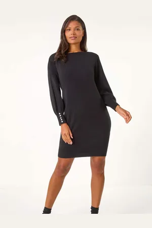 Roman Button Detail Slash Neck Knitted Stretch Jumper Dress48