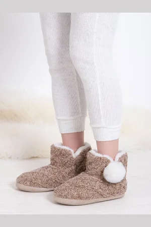 Totes Ladies Cable Knit Boot Slippers with Pom Pom