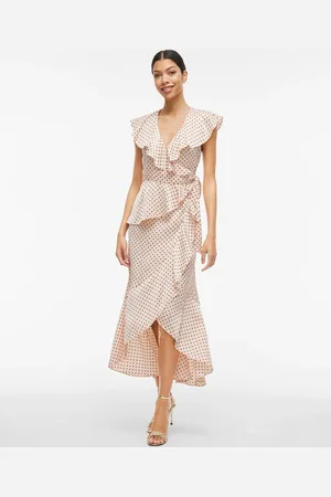 VILA Spot Print Satin Frill Wrap Ankle Dress40