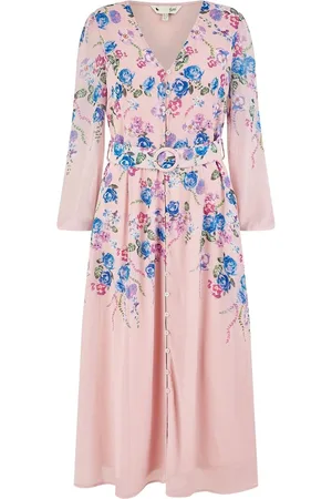 Yumi Floral Placement Button Down Midi Dress With Long Sleeves38