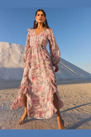 Love & Roses V & A I Printed Metallic Ruffle V-Neck Midi Dress34