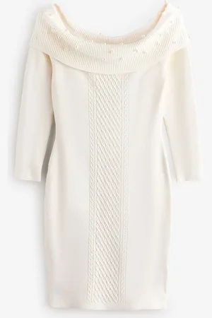 Guess Cream Amber Knitted Pearl Off Shoulder 100% Cotton DressXL