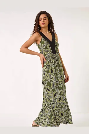 Roman Leaf Print Contrast Band Maxi Dress44