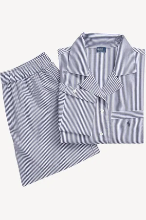 Ralph Lauren Blue Shirting Striped Crop 100% Cotton Boxer Pyjamas Setxxlarge