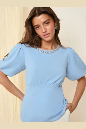 Friends Like These Puff Sleeve Embellished Neck Trim Blouse34