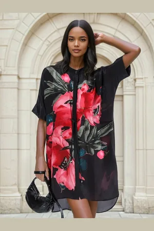 Religion Jade Tunic Dress With Large Pink Floral Placement Print40