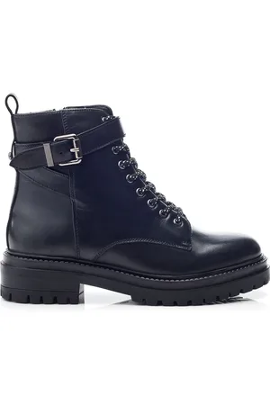 Moda In Pelle Omola Chunky Leather Ankle Black Boots With Lace up Front and Buckle Strap