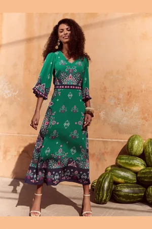 Love & Roses Woodblock Printed V-Neck Kimono Sleeve Midi Dress42