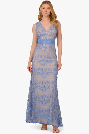 Adrianna Papell Blue Embroidered Lace V-Neck Gown36