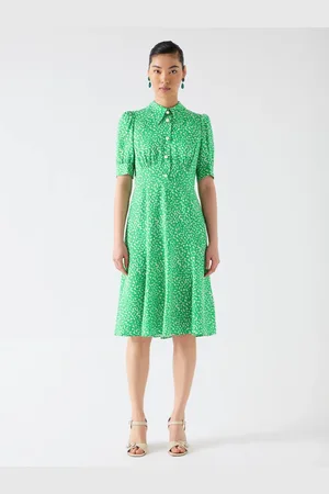 LK Bennett Esme Jelly Bean & Birch Viscose Ikat Spot Print Fit & Flare Collared Dress36