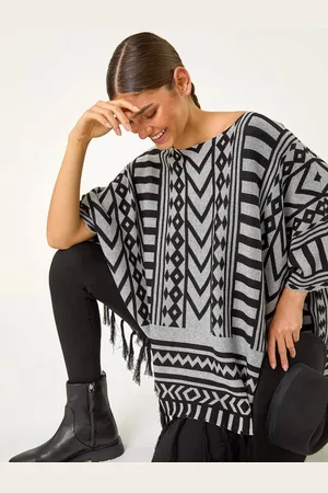 Roman Mønster Frynse Poncho TrøjeL-XL