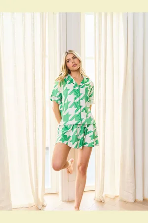 Jim Jam The Label Green Satin Revere Shorts Set With Dogtooth Printsmall