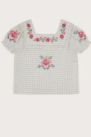 Monsoon Floral Print Embroidered Check 100% Cotton Blouse122128cm