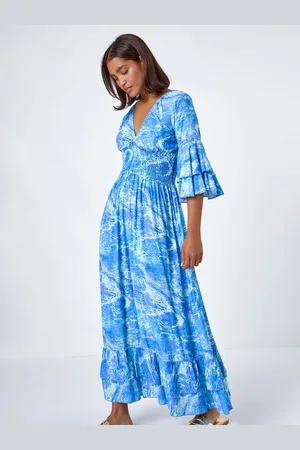 Roman Abstract Ruffle Detail Shirred Maxi Dress38