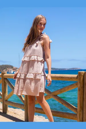 South Beach Tie Shoulder Bead Detail 100% Cotton Mini Dress36