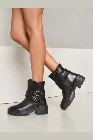 Lipsy London Flat Ankle Faux Fur Casual Biker Boot