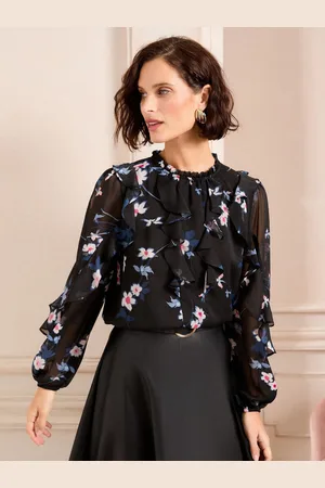 Love & Roses Print Ruffle Crew Neck Long Sleeve Blouse46