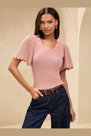 Lipsy London Wave Detail Angel Short Sleeve V-Neck Metallic Sparkle Knitted Top40