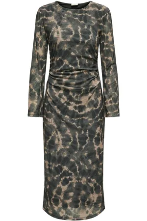 JDY Leopard Print Ruched Mesh Midi Dress36