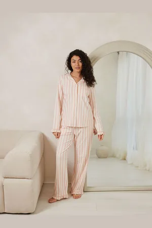 Chelsea Peers Organic Cotton Pink Stripe Frill Long Pyjamas Set42