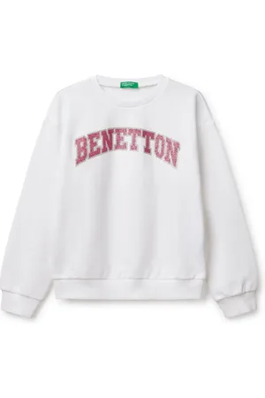 Benetton Girls Logo Crewneck 100% Cotton White Sweatshirt8 - 9 år (128 - 134cm)