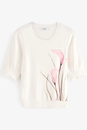 Next Kortærmet Rund hals T-shirt med flæsekantdetaljerS Høj